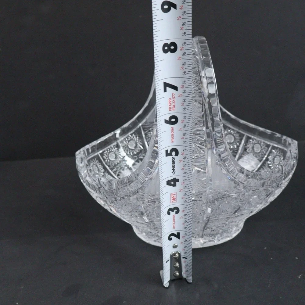 VTG Crystal Oval Basket Clear Glass Dish Bowl Handle Queens Lace Design